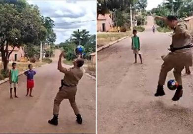 Policial militar chama atenção nas redes ao jogar bola com crianças em rua no Tocantins