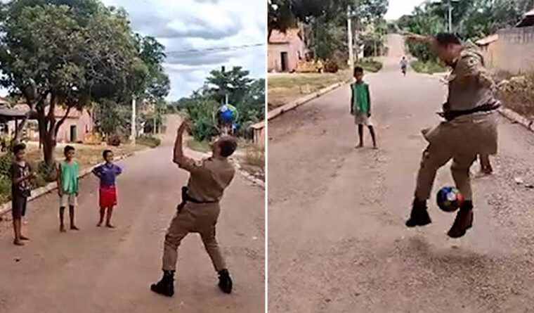 Policial militar chama atenção nas redes ao jogar bola com crianças em rua no Tocantins